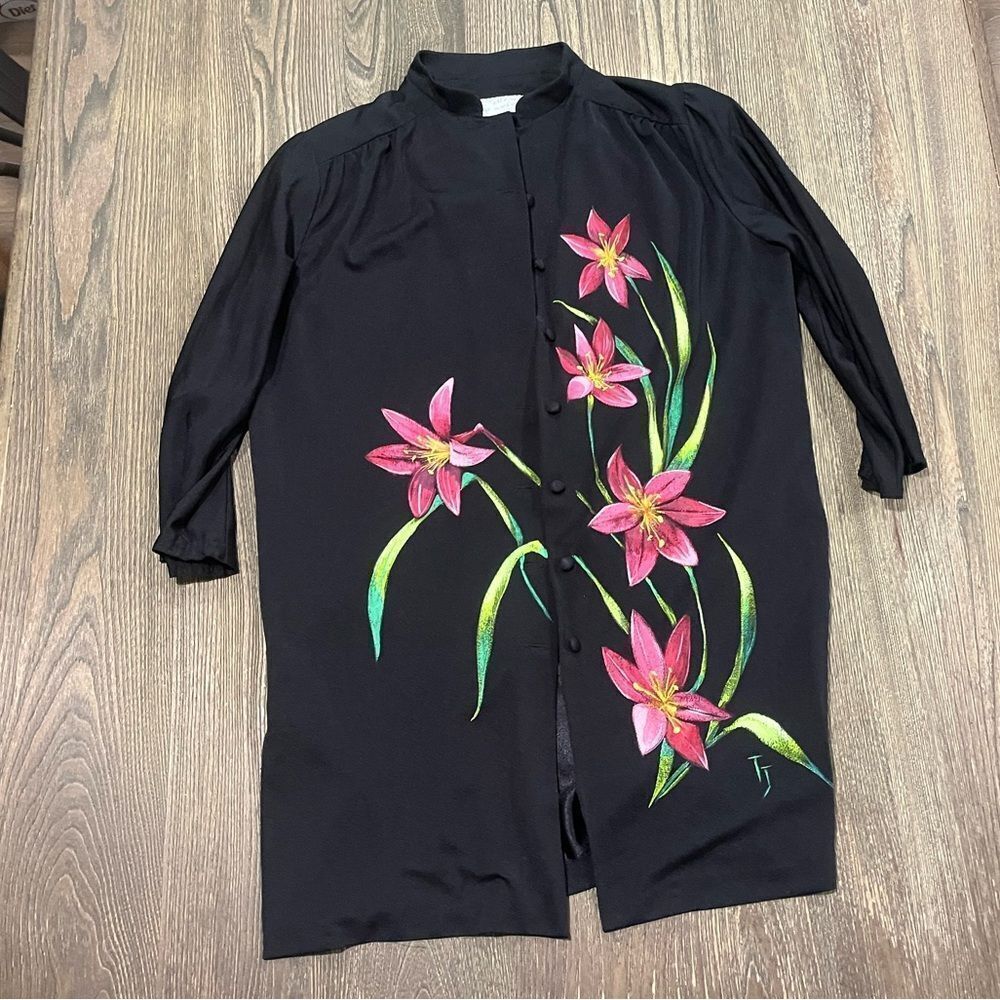 St. Croix By Island Stuff Tunic Top Floral Button Up 3/4 Sleeve Black Size S